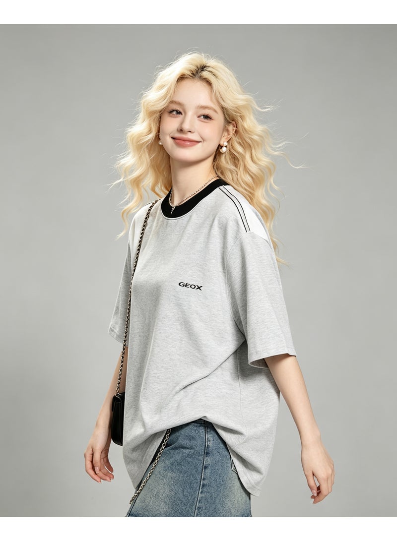 Geox Men Shoulder Color Block Short Sleeve Loose Casual Daily Street Summer T-Shirt Heather Grey Black Collar - Image 4