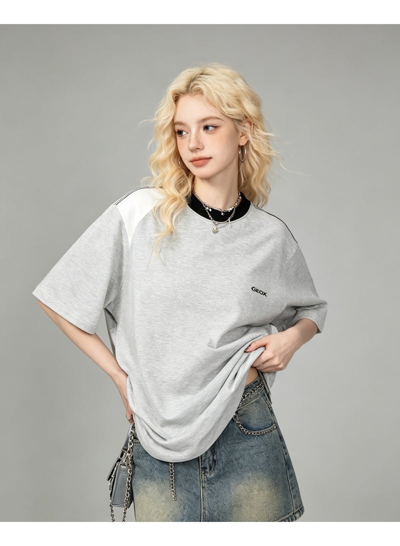 Geox Men Shoulder Color Block Short Sleeve Loose Casual Daily Street Summer T-Shirt Heather Grey Black Collar - Image 5