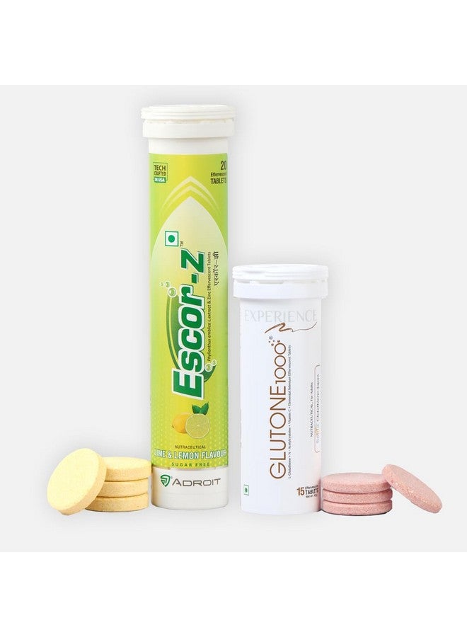GLUTONE Glutone 1000 & Escor-Z Combo Pack| Setria L-Glutathione, Vitamin C Effervescent Tablets| Healthy Skin| 15 (1) + 20 (1) Tablets (Lemon Flavour) - Image 1