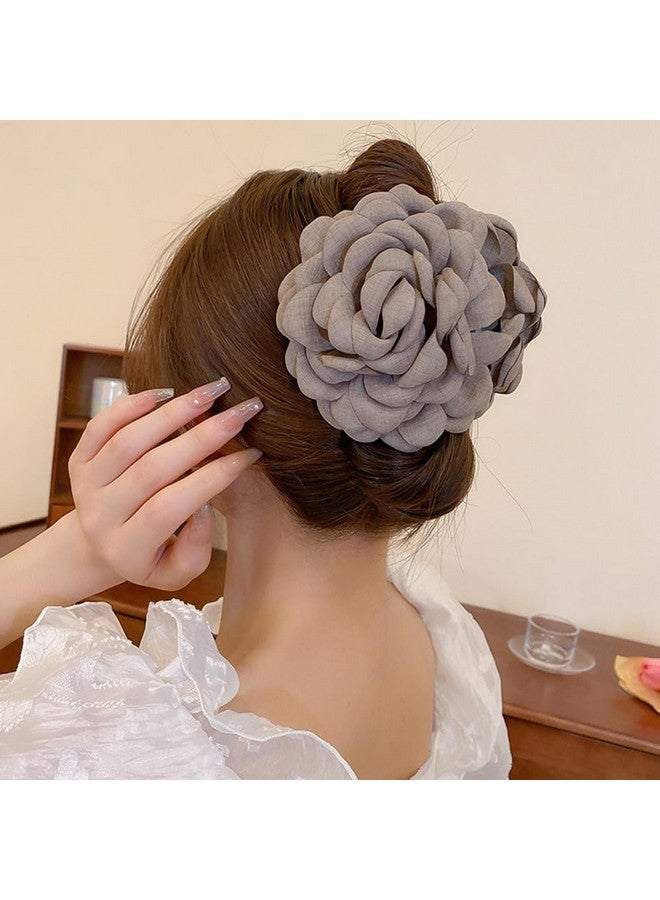 Wiwpar Cute Flower Hair Clips Flower Bow Barrettes Clamps Large Chiffon Rose Flower Fabric Hair Claw Clips Floral Bows Jaw Barrettes Clamps Bun Updo Holders Hair Accessories for Women Girls (Grey) - Image 3