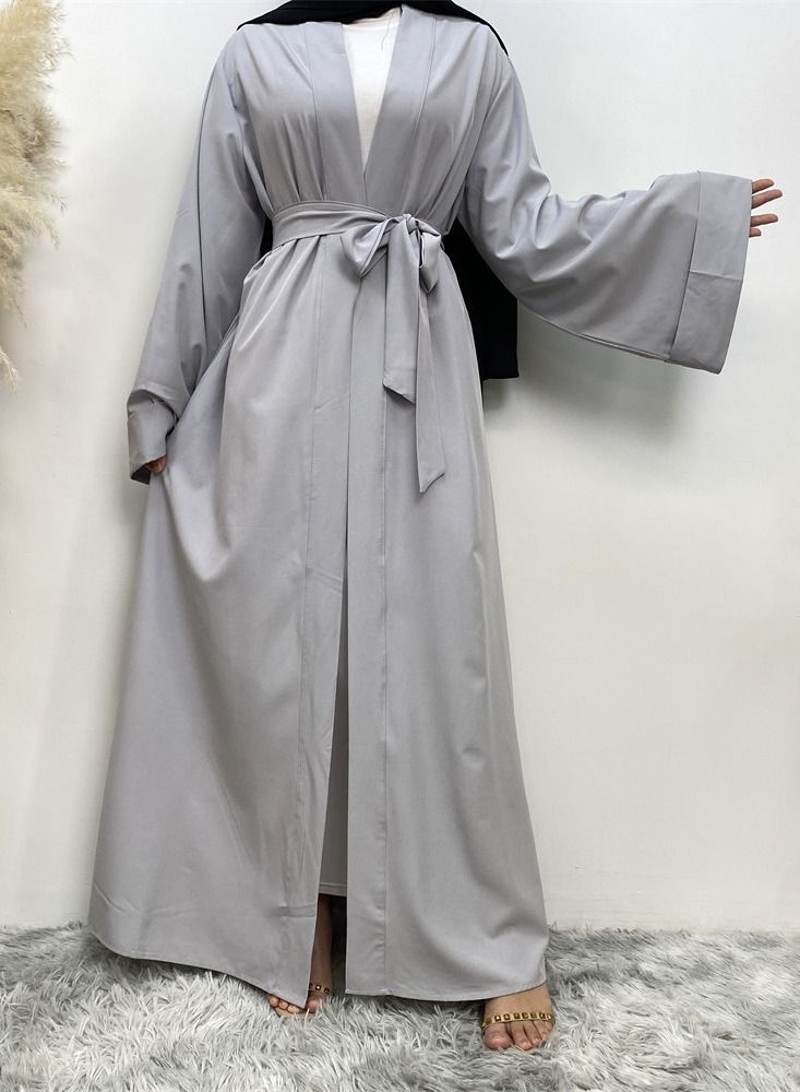 Loquat Pure Color Simple Cardigan Gown Abaya Grey - Image 1