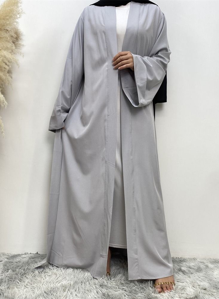 Loquat Pure Color Simple Cardigan Gown Abaya Grey - Image 2