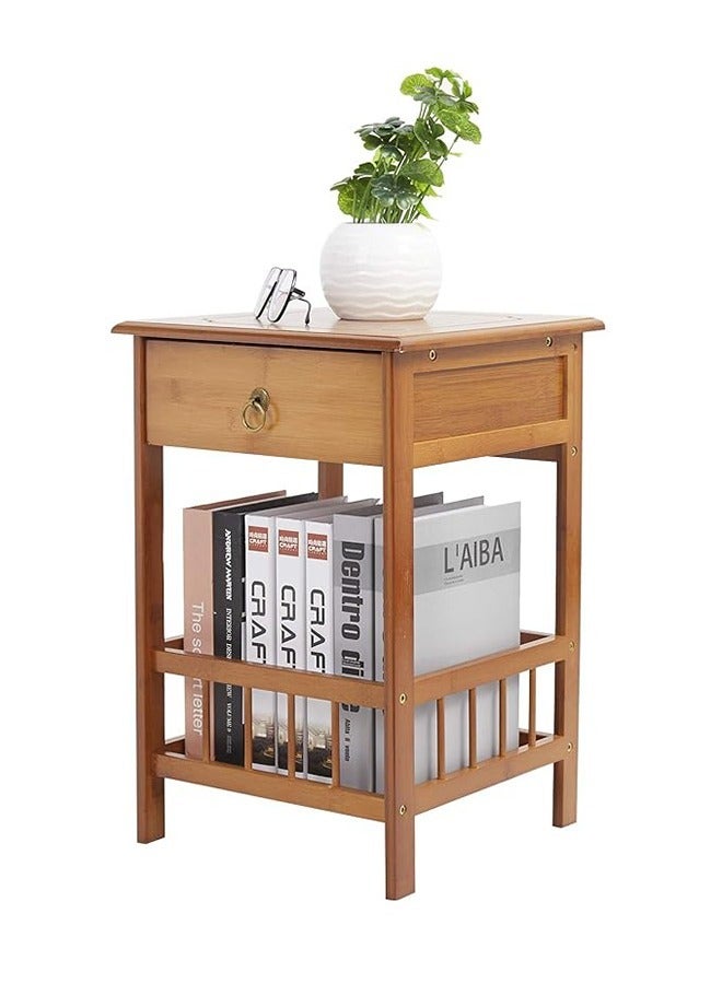 Natural Brown Wood Bedside Table Bamboo Nightstand with Drawer and Storage Shelf Wood Side Table Bedside Table Unit Cabinet Telephone Couch Sofa Table for Living Room Bedroom Artwork Placement - Image 1