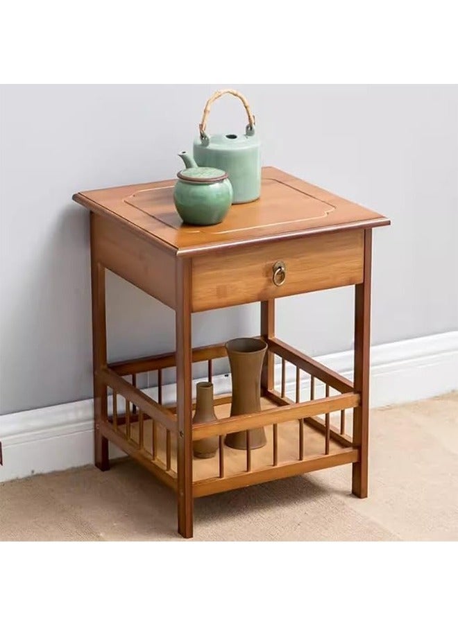 Natural Brown Wood Bedside Table Bamboo Nightstand with Drawer and Storage Shelf Wood Side Table Bedside Table Unit Cabinet Telephone Couch Sofa Table for Living Room Bedroom Artwork Placement - Image 4