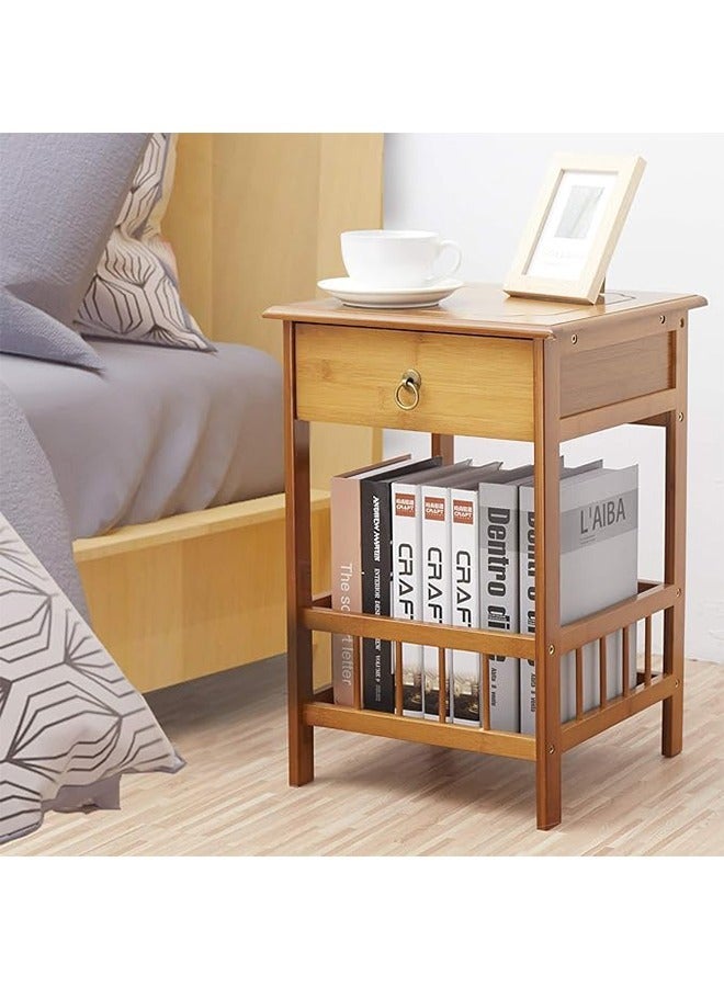 Natural Brown Wood Bedside Table Bamboo Nightstand with Drawer and Storage Shelf Wood Side Table Bedside Table Unit Cabinet Telephone Couch Sofa Table for Living Room Bedroom Artwork Placement - Image 2