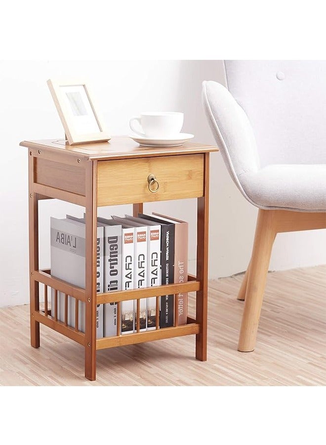 Natural Brown Wood Bedside Table Bamboo Nightstand with Drawer and Storage Shelf Wood Side Table Bedside Table Unit Cabinet Telephone Couch Sofa Table for Living Room Bedroom Artwork Placement - Image 3
