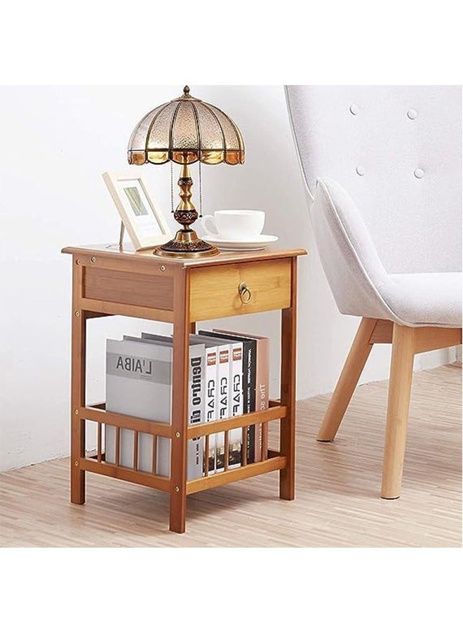 Natural Brown Wood Bedside Table Bamboo Nightstand with Drawer and Storage Shelf Wood Side Table Bedside Table Unit Cabinet Telephone Couch Sofa Table for Living Room Bedroom Artwork Placement - Image 5