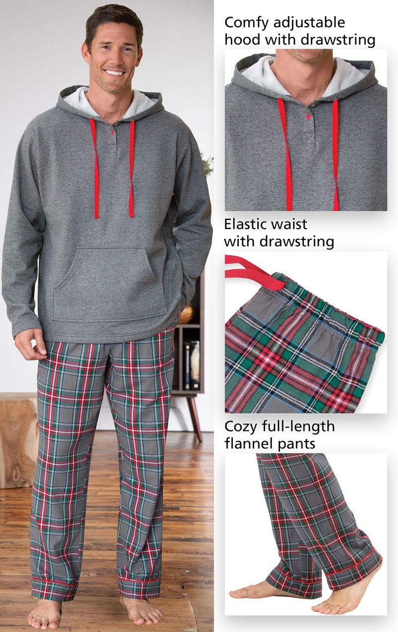 PajamaGram Mens Flannel Pajamas Sets - Warm Hooded Pajamas for Men, Gray, L - Image 4