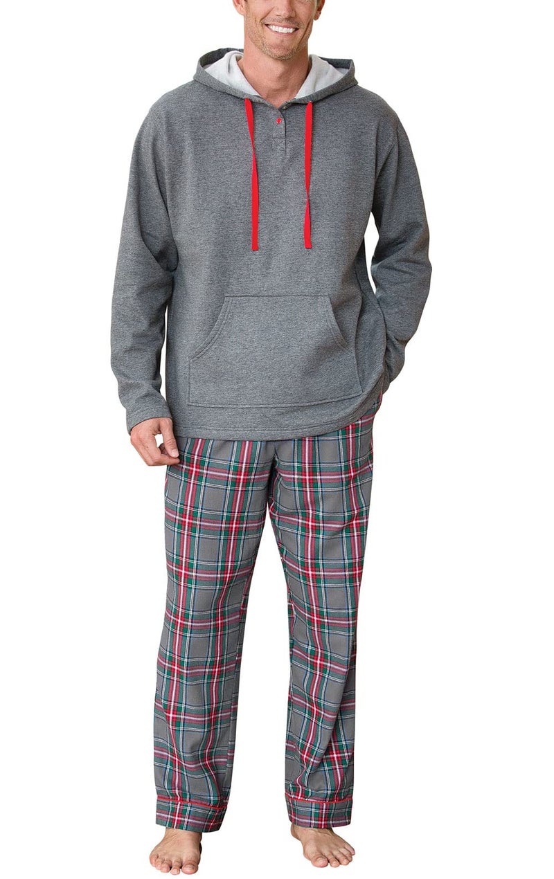PajamaGram Mens Flannel Pajamas Sets - Warm Hooded Pajamas for Men, Gray, L - Image 1