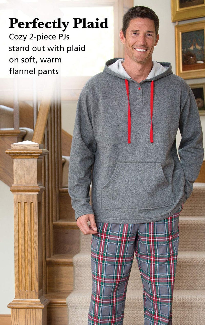 PajamaGram Mens Flannel Pajamas Sets - Warm Hooded Pajamas for Men, Gray, L - Image 3