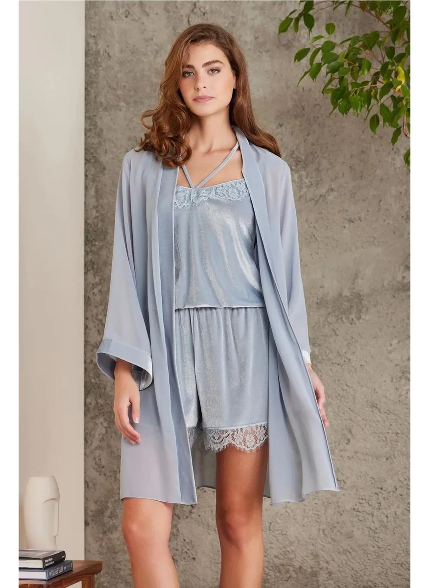 بيير كاردان 4800 Women's Mist Chiffon Dressing Gown Lace Velvet Jumpsuit Set