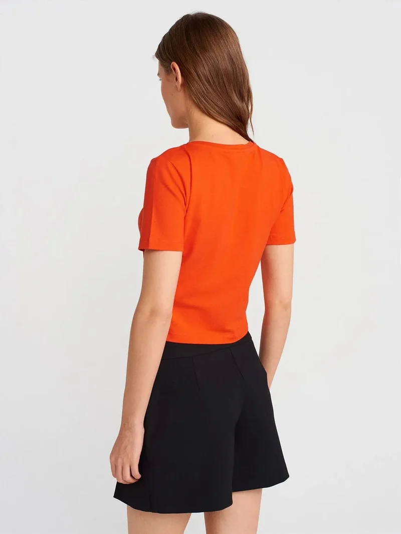 ديلفين DILVIN Women's Crop Slim-Fit Crew Neck T-Shirt