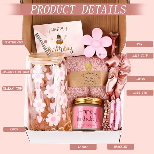 DHQH Birthday Gifts for Teen, Cute Inspirational Gift Daisy Presents Set Ideas for Sister Daughter Friends, Happy Birthday Gift Basket with Ice Glass Cup for Her (Pink) - Image 3