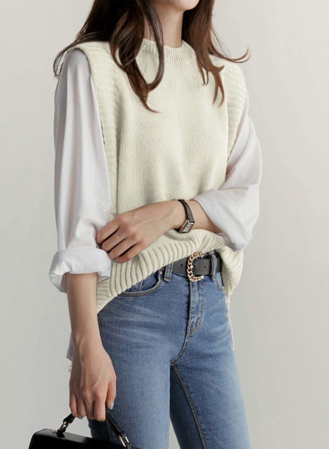 UANEO Women Sweater Vest Casual Knitwear Sleeveless Round Neck Pullover Sweater Tops(White, One Size) - Image 2