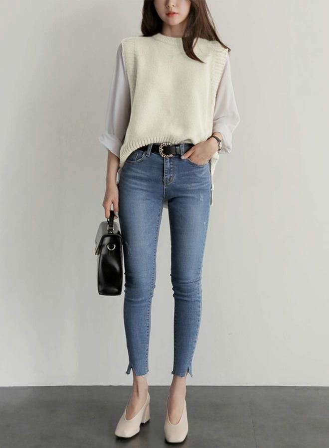 UANEO Women Sweater Vest Casual Knitwear Sleeveless Round Neck Pullover Sweater Tops(White, One Size) - Image 3