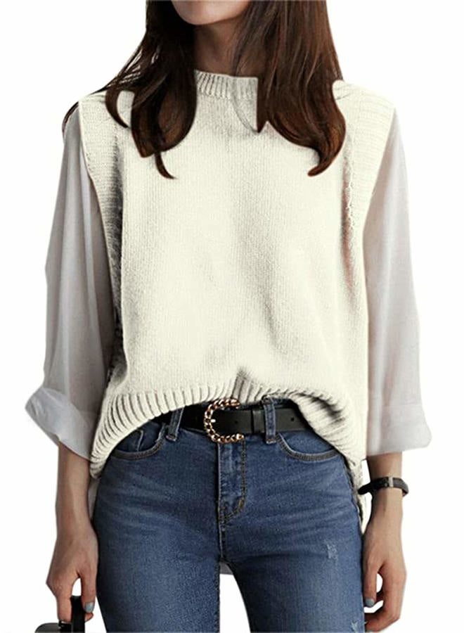 UANEO Women Sweater Vest Casual Knitwear Sleeveless Round Neck Pullover Sweater Tops(White, One Size) - Image 1