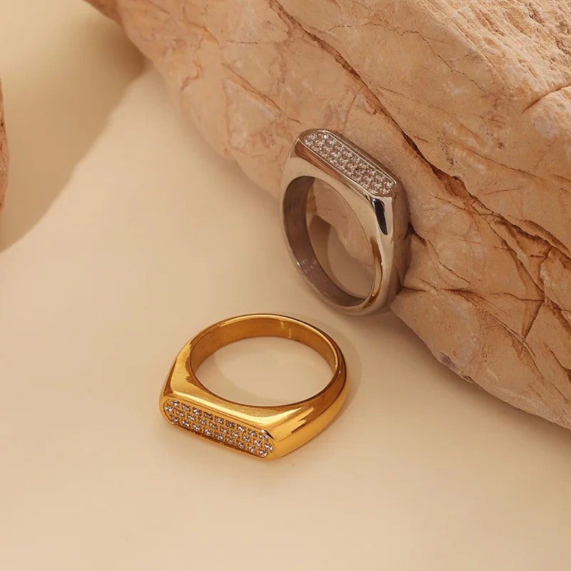Bluejw High Quality Stainless Steel PVD Coated Zirconia Rings for Women – Classic Signet Finger Ring with IZABLE Design, Durable & Hypoallergenic - Image 2