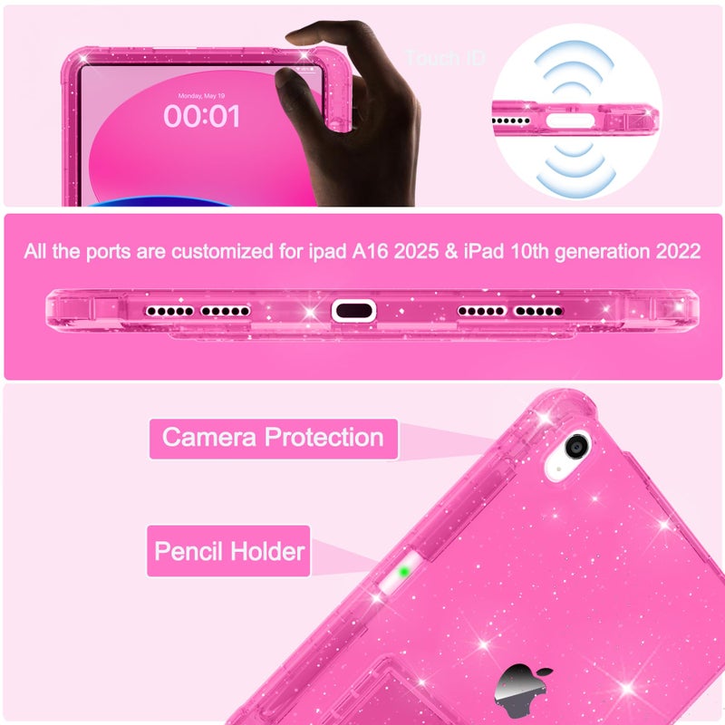Rantice Case for iPad A16 11-inch 11th Generation, iPad 10th Generation Case 10.9 Inch, Pencil Holder & Kickstand - Slim, Glittery and Shockproof Bumper for Women and Girls, Rosered Glitter - Image 3