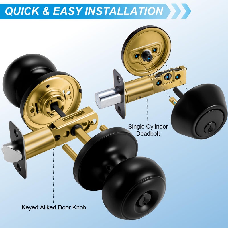 Plustool 4 Pack Front Door Lock Set,Matte Black Exterior Door Lock Set with Deadbolt,Single Cylinder Deadbolt Lock and Door Knob Set,Keyed Alike Door Knob with Lock&Keys,Round Ball Entry Door Lockset - Image 5