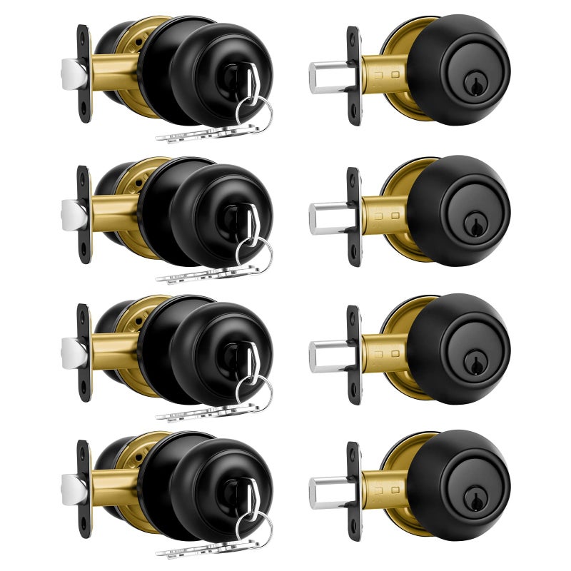 Plustool 4 Pack Front Door Lock Set,Matte Black Exterior Door Lock Set with Deadbolt,Single Cylinder Deadbolt Lock and Door Knob Set,Keyed Alike Door Knob with Lock&Keys,Round Ball Entry Door Lockset - Image 1