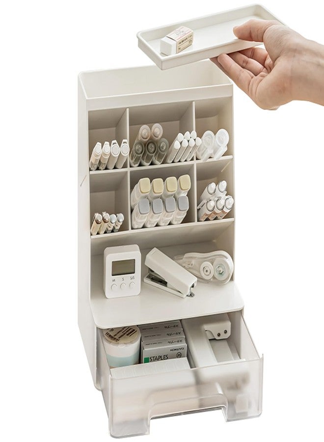 TNDCKP Large Plastic Pen holder with drawer and Vertical 6-Compartment, Dual-Purpose Art Supply Pencil Cup for Office, School, Home (WHITE) - Image 1