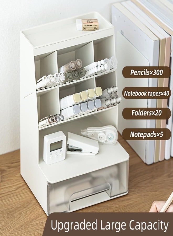 TNDCKP Large Plastic Pen holder with drawer and Vertical 6-Compartment, Dual-Purpose Art Supply Pencil Cup for Office, School, Home (WHITE) - Image 2