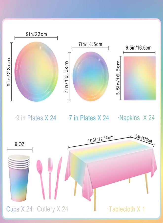 LINHAXM 169 PCS Decorations Disposable Paper Plates, Napkins, Cups, Cutlery, Tablecloth Pastel Rainbow Birthday Decorations for Girls, Baby Shower, Serves 24 - Image 2