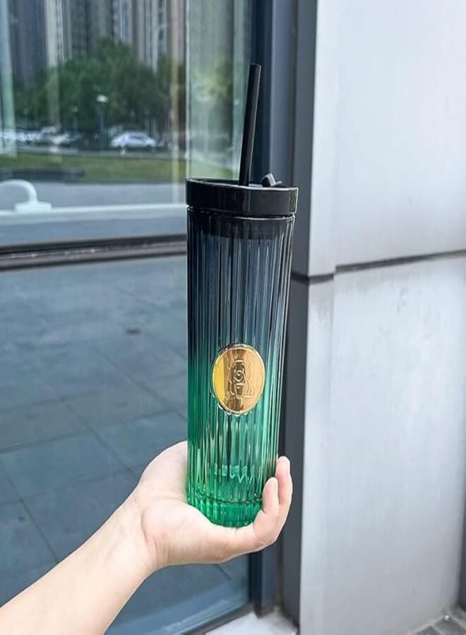 Spaceshoop Nordic Style Glass Cup Hot and Cold Drinks, Diamond Pattern Cup, Home Office Juice Cup with Straw, High Looking Drinking Coffee Cup (Green, 470)