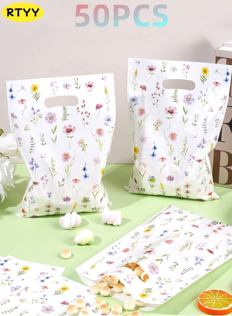 RTYY 50Pcs Wildflower Theme Goodie Bags Spring Wildflower Plastic Gift Bags Flower favor bags with Handles Party Treat Candy Bags for Birthday, Wedding, Baby Shower Party Supplies - Image 1