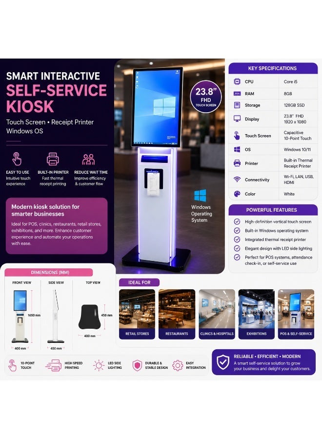 BASEET SW238 Interactive Self-Service Kiosk with Touch Screen & Built-in Receipt Printer – Windows OS Digital POS Kiosk for Restaurants, Retail Stores, Ticketing & Customer Service - Image 2
