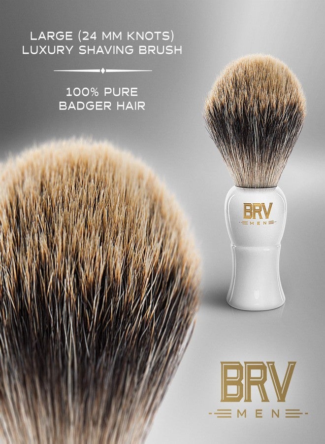 BRV MEN Pure Badger Shaving Brush LARGE (24mm knots) - Heavy Resin Handle - Use with Double-Edge Safety Razor, Straight Razor and Shaving Bowl - White - Image 2