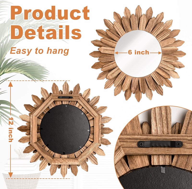 Emfogo Wall Mirror 12 inch Rustic Wood Farmhouse Mirror Sunburst Boho Mirror Wall Decor Room Decor Home Decor for Bedroom Living Room Entryway (Carbonized Black) - Image 4