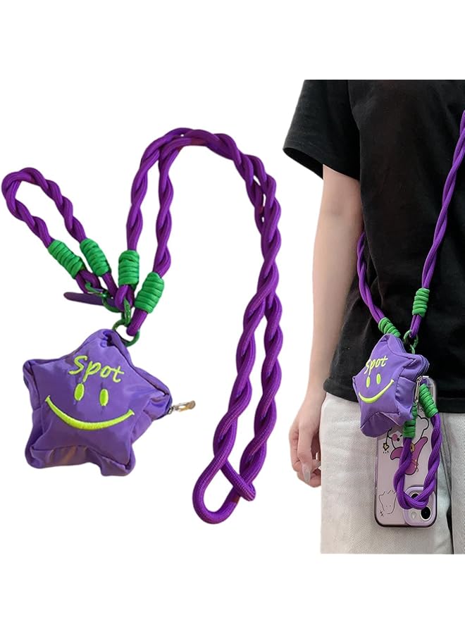 Green Tiger Phone Lanyard with Headphone Storage Bag, Universal Phone Lanyard Crossbody, Neck Lanyard Hand Wrist Strap with Tether Tab, Multipurpose Star Coin Wallet for Cash Cards Keys Earphone (Purple) - Image 1