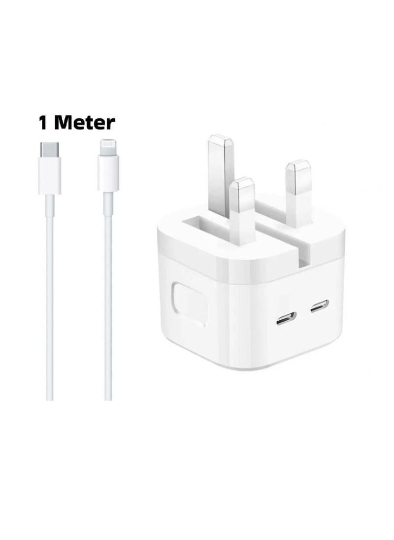 iPhone Charger 35W USB-C Dual Port Power Adapter iPhone Fast Charger With Type-C To Lightning Cable 1 Meter White USB C Wall Fast Charger Compatible With iPhone All Models Best For iPhone 14 Series