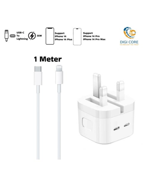 iPhone Charger 35W USB-C Dual Port Power Adapter iPhone Fast Charger With Type-C To Lightning Cable 1 Meter White USB C Wall Fast Charger Compatible With iPhone All Models Best For iPhone 14 Series