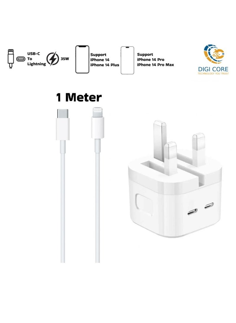 iPhone Charger 35W USB-C Dual Port Power Adapter iPhone Fast Charger With Type-C To Lightning Cable 1 Meter White USB C Wall Fast Charger Compatible With iPhone All Models Best For iPhone 14 Series