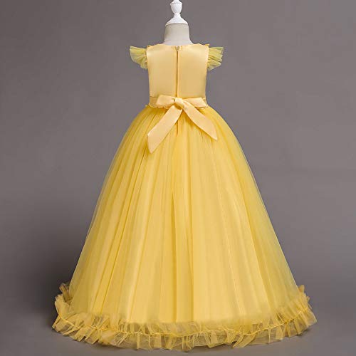 IWEMEK Big Little Girl Princess Embroidery Flower Lace Long A Line Pageant Dress Kids Floor Length Prom First Holy Communion Bowknot Dress Puffy Tulle Maxi Ball Gown for Wedding Party Birthday Yellow 3-4 - Image 3