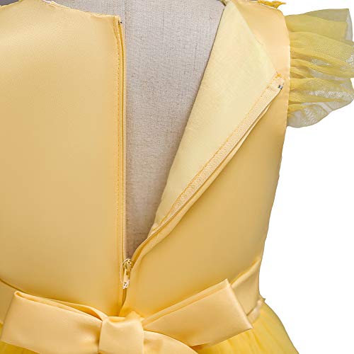 IWEMEK Big Little Girl Princess Embroidery Flower Lace Long A Line Pageant Dress Kids Floor Length Prom First Holy Communion Bowknot Dress Puffy Tulle Maxi Ball Gown for Wedding Party Birthday Yellow 3-4 - Image 5