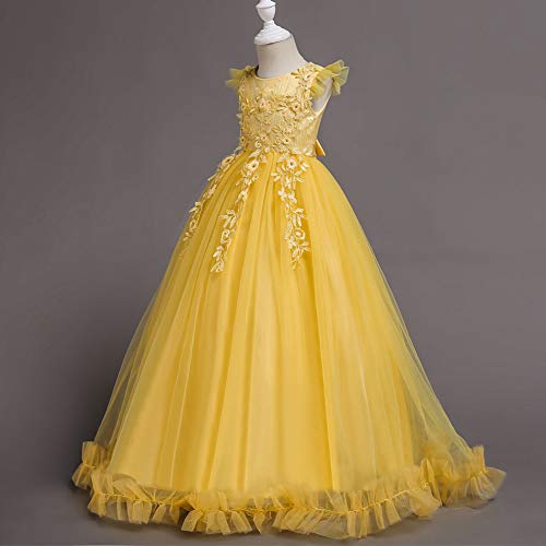 IWEMEK Big Little Girl Princess Embroidery Flower Lace Long A Line Pageant Dress Kids Floor Length Prom First Holy Communion Bowknot Dress Puffy Tulle Maxi Ball Gown for Wedding Party Birthday Yellow 3-4 - Image 2