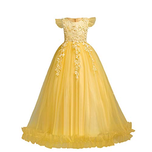 IWEMEK Big Little Girl Princess Embroidery Flower Lace Long A Line Pageant Dress Kids Floor Length Prom First Holy Communion Bowknot Dress Puffy Tulle Maxi Ball Gown for Wedding Party Birthday Yellow 3-4 - Image 1