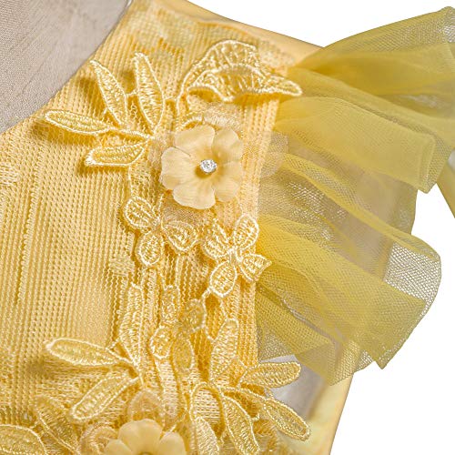 IWEMEK Big Little Girl Princess Embroidery Flower Lace Long A Line Pageant Dress Kids Floor Length Prom First Holy Communion Bowknot Dress Puffy Tulle Maxi Ball Gown for Wedding Party Birthday Yellow 3-4 - Image 4