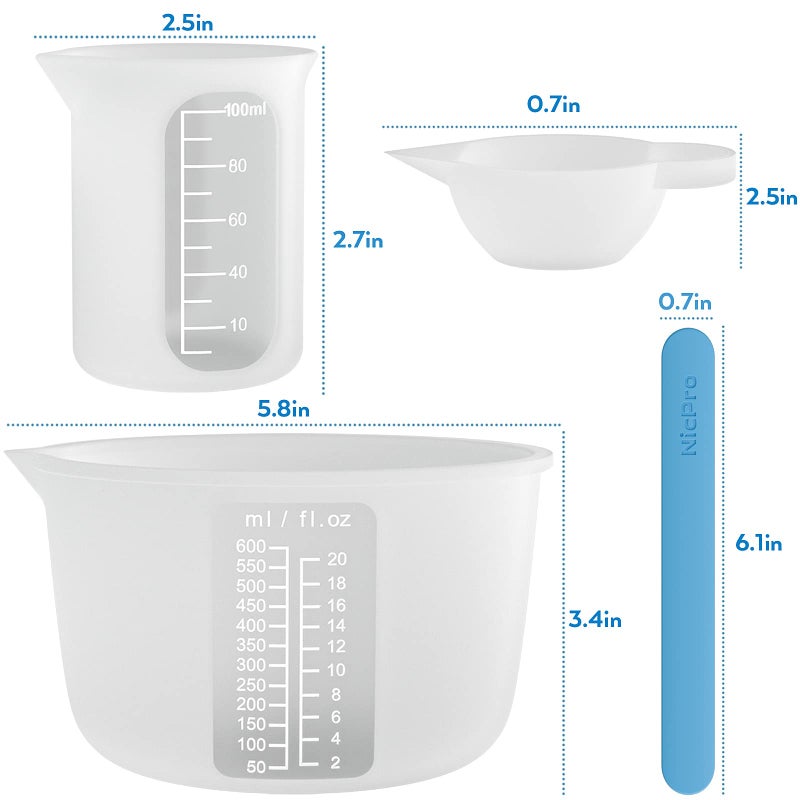 Nicpro Large Silicone Resin Measuring Cups Tool Kit - Nicpro Reusable 600ml & 100ml Measure Cup, Silicone Stir Sticks Pipettes Finger Cots for Epoxy Resin Mixing, Molds, Jewelry Making, Waxing, Easy Clean - Image 3