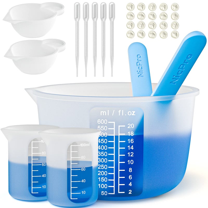 Nicpro Large Silicone Resin Measuring Cups Tool Kit - Nicpro Reusable 600ml & 100ml Measure Cup, Silicone Stir Sticks Pipettes Finger Cots for Epoxy Resin Mixing, Molds, Jewelry Making, Waxing, Easy Clean - Image 1