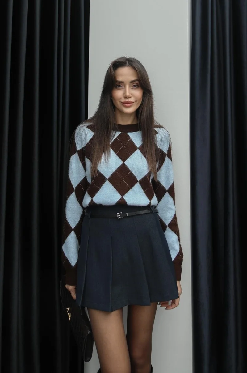 Havoş Navy Blue Belted Pleated Shorts Skirt