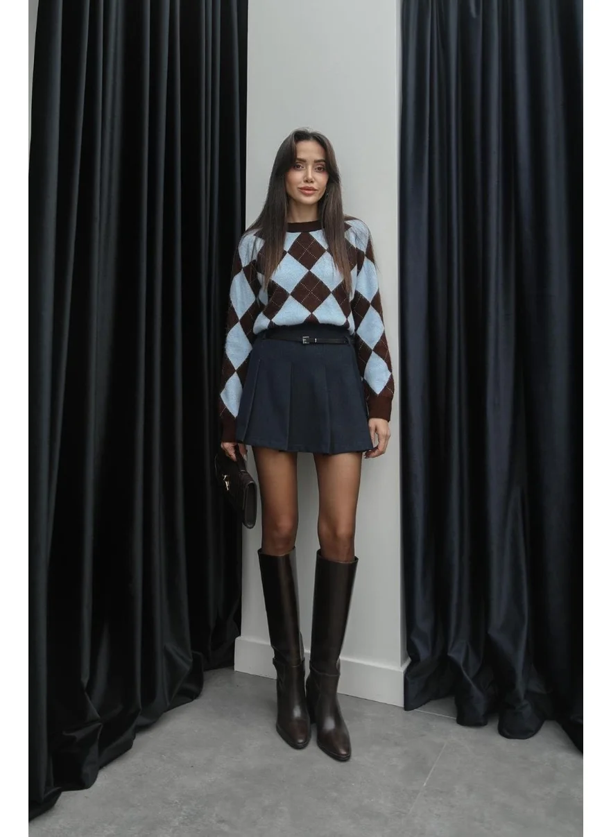Havoş Navy Blue Belted Pleated Shorts Skirt