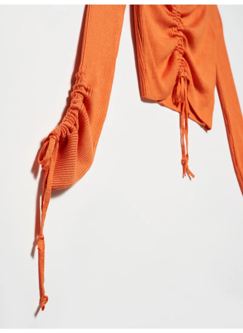 Dilvin 10192 Open Shoulder Drawstring Lace-Up Sweater-Orange