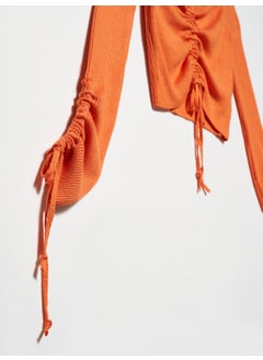 Dilvin 10192 Open Shoulder Drawstring Lace-Up Sweater-Orange  - Image 3
