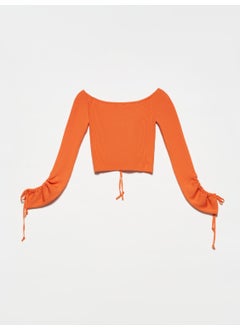 Dilvin 10192 Open Shoulder Drawstring Lace-Up Sweater-Orange  - Image 2