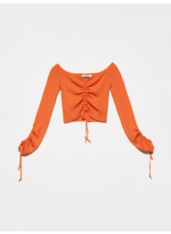 Dilvin 10192 Open Shoulder Drawstring Lace-Up Sweater-Orange  - Image 1