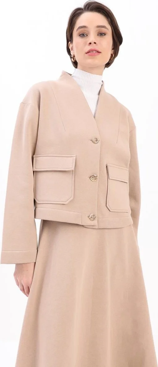 Allday Beige-Metal Buttoned Raised Skirt Suit